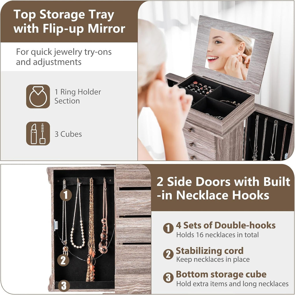 Giantex Jewelry Cabinet Armoire with Flip Top Mirror, 5 Drawers & Swing Doors, Space-Saving Jewelry Organizer for Necklaces, Rings, Bracelets, Watches, Velvet Lined, Light Gray Oak
