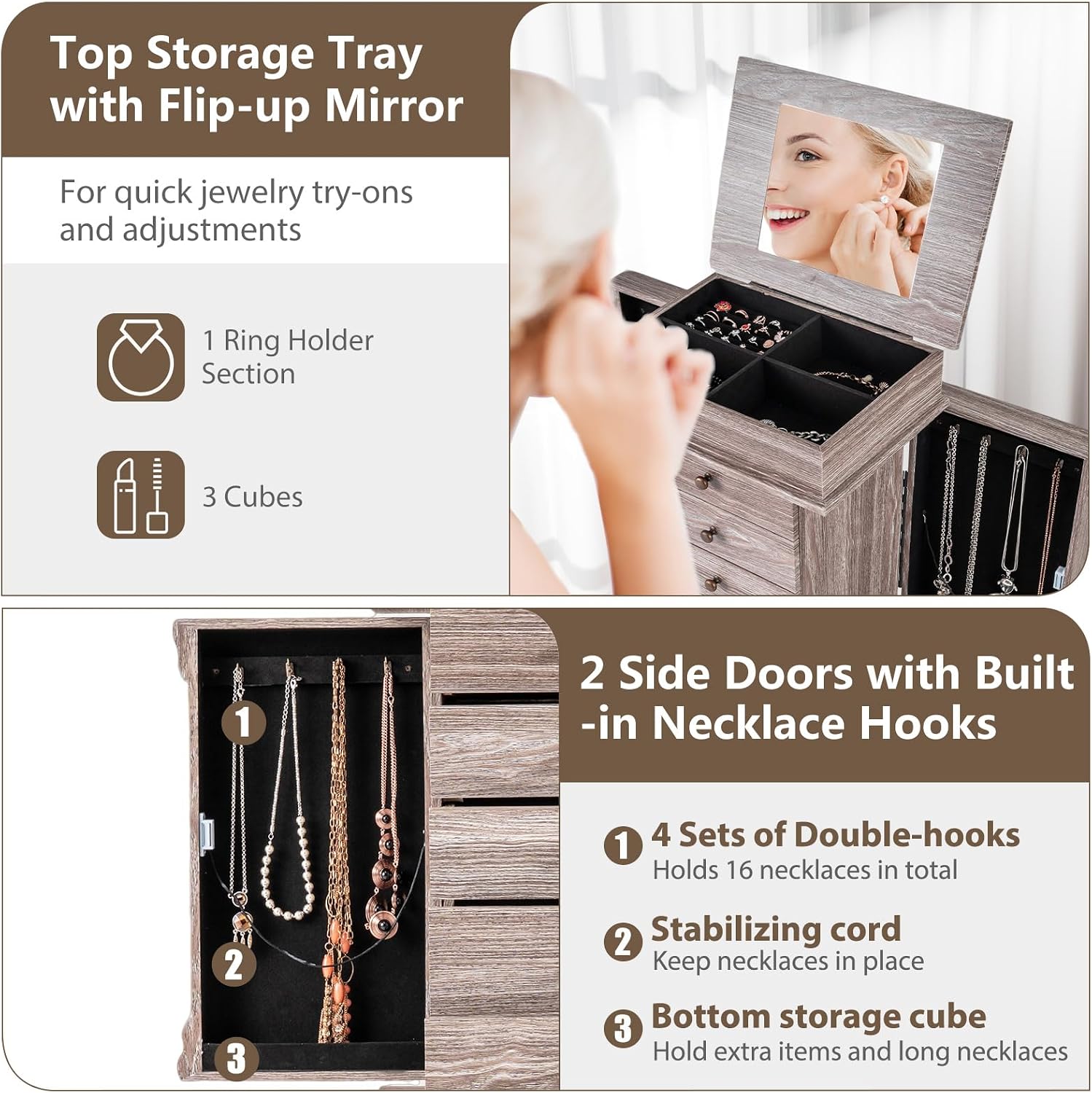 Giantex Jewelry Cabinet Armoire with Flip Top Mirror, 5 Drawers & Swing Doors, Space-Saving Jewelry Organizer for Necklaces, Rings, Bracelets, Watches, Velvet Lined, Light Gray Oak