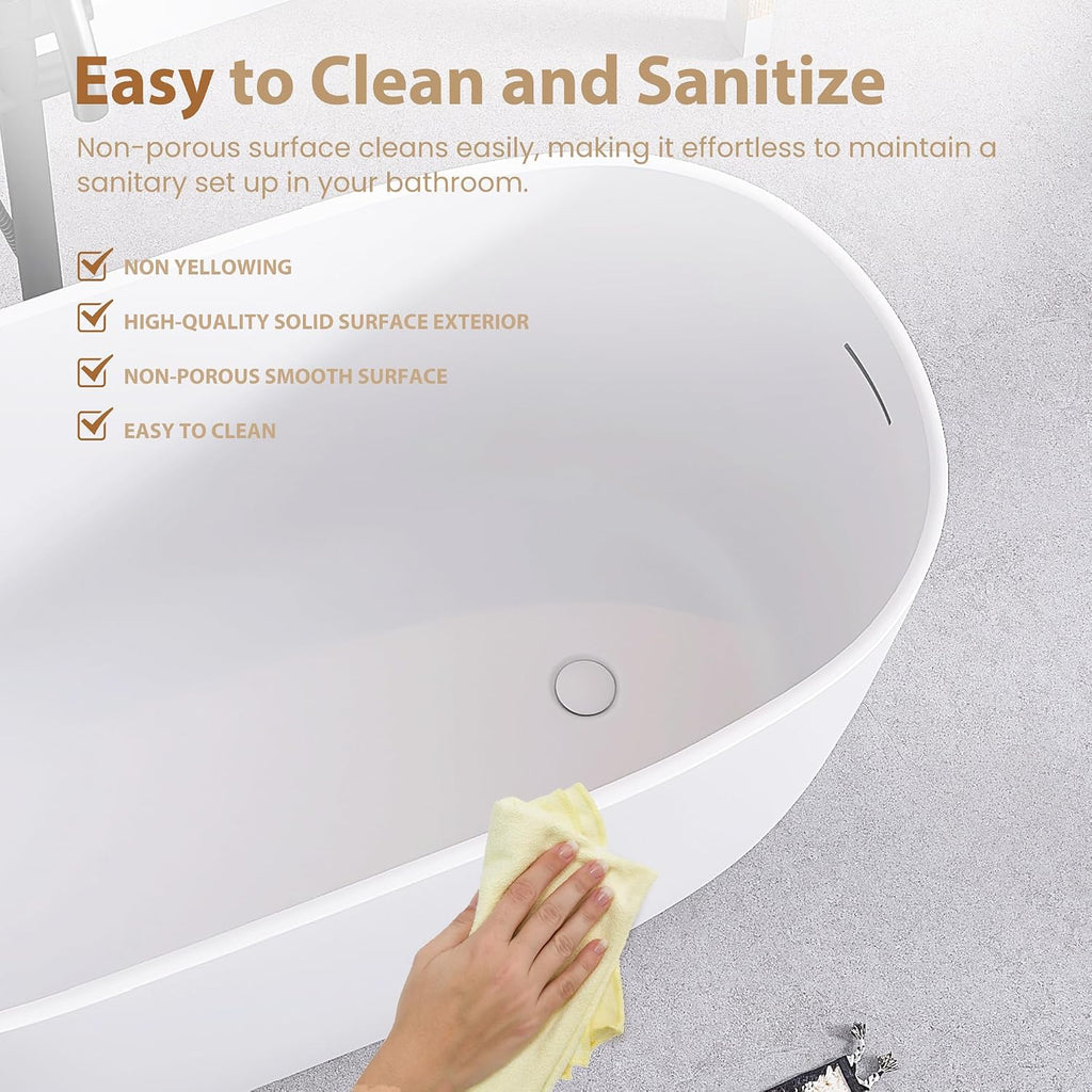 SJ STAR&JANE 47' Solid Surface Freestanding Bathtub Modern Stone Resin Oval Soaking Tub with Side Drain in Matte White