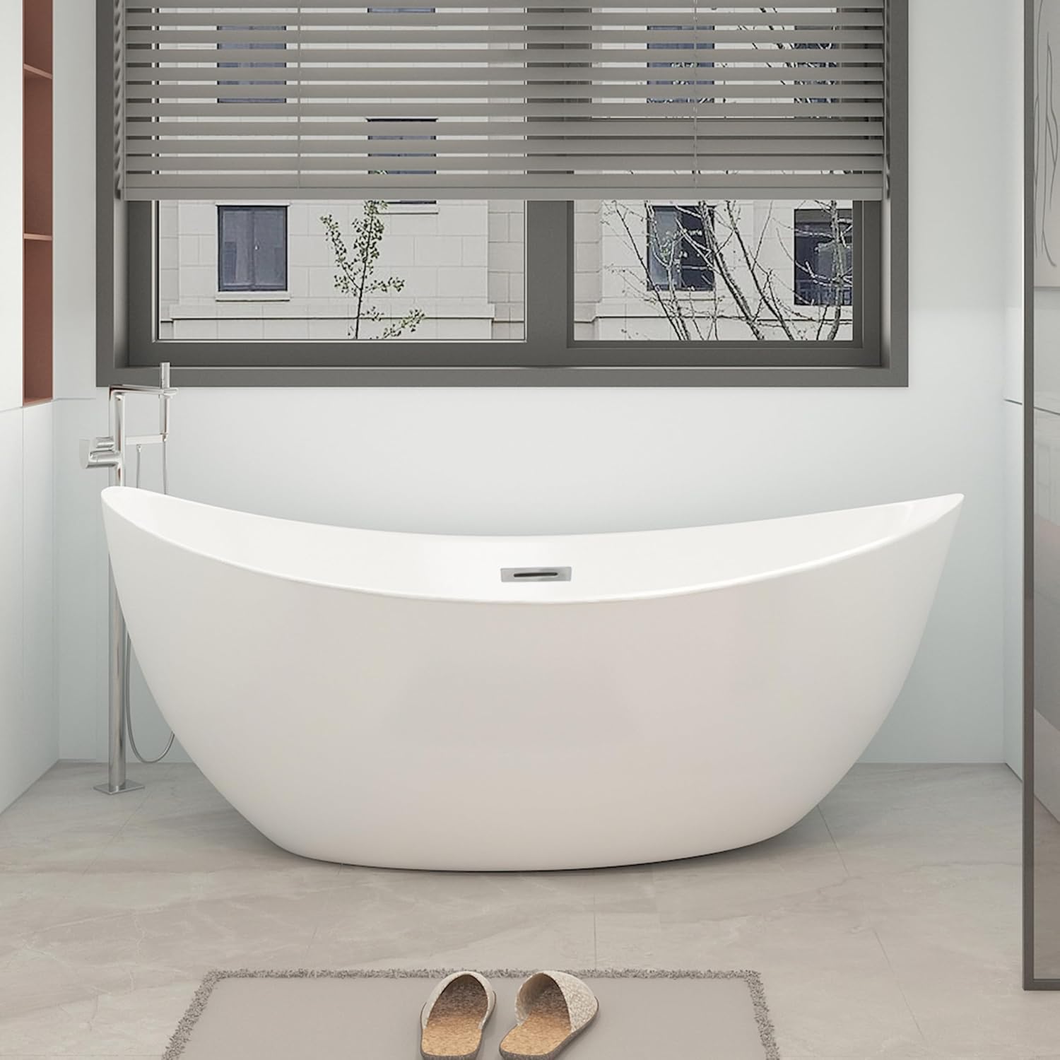 65' Double Slipper Freestanding Soaking Bathtub, WHALEKING Luxury Stand Alone Free Standing Acrylic Tub with Chrome Overflow and Drain, Glossy White
