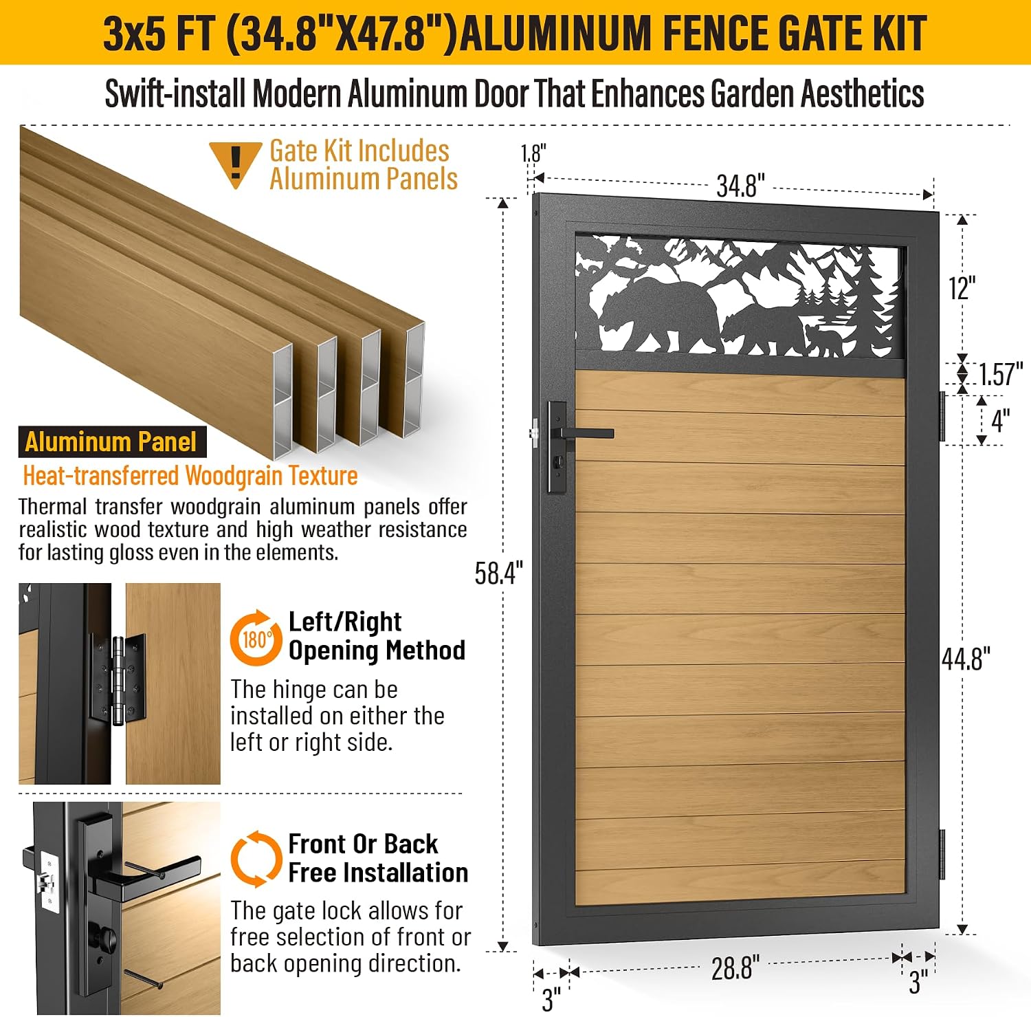 3x5 FT Aluminum Fence Gate Kit Wood Grain Aluminum Gate with Decorative Cutout, Lock & Hinges, Left/Right Opening, Weather Resistant for Yard Garden Patio