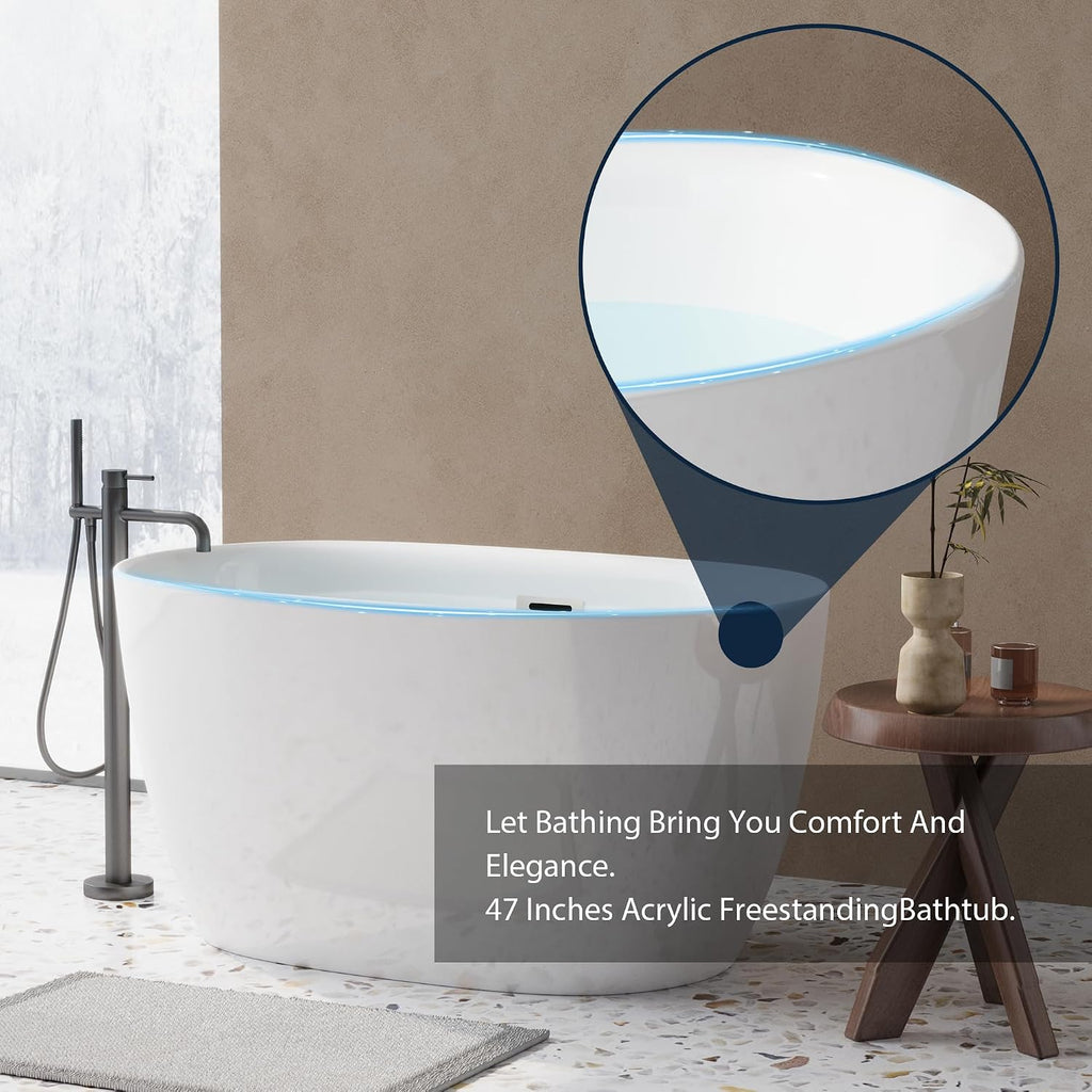 47' Acrylic Freestanding Bathtubs, Oval Shaped Soaking Tub, Stand Alone Tubs with Pop-UP Chrome Drain for Small Bathroom, Slotted Overflow, cUPC Certified -Gloss White