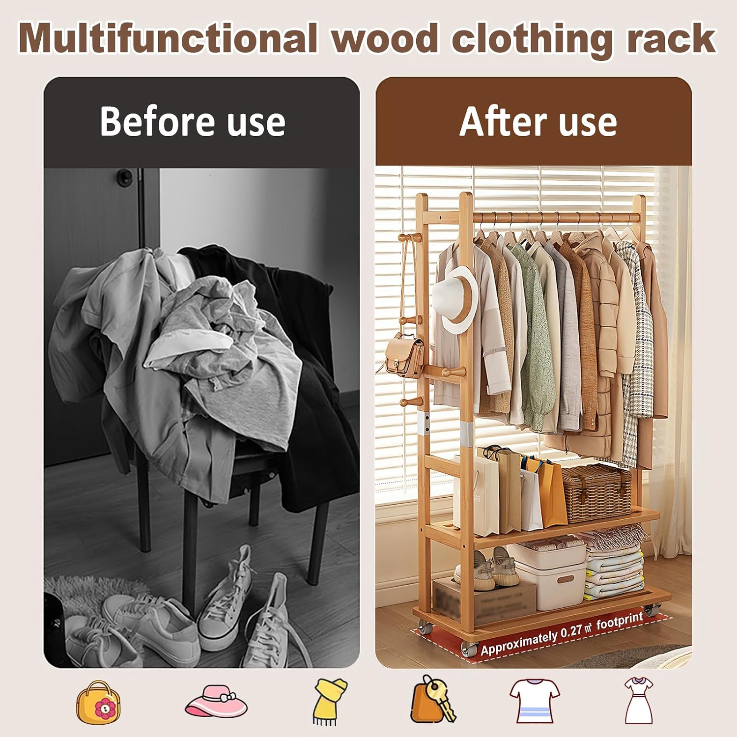 Solid Wood Clothing Rack, Heavy Duty Clothes Racks with Wheels, Rolling Garment Rack with 2 Shelves Storage, for Hallway Bedroom Living Room Entryway (Natural wood color, Large)