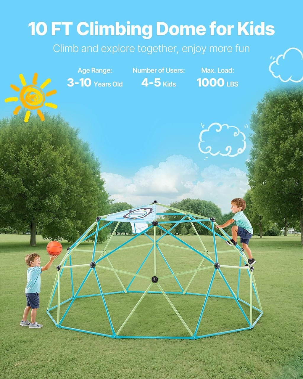 VEVOR Climbing Dome, 10FT Geometric Dome Climber for Kids, 1000LBS Loading Jungle Gym Playground with Octopus Net & 2 Basketballs, Easy-Assembly Outdoor Backyard Climbing Toys - Gift for Boys Girls