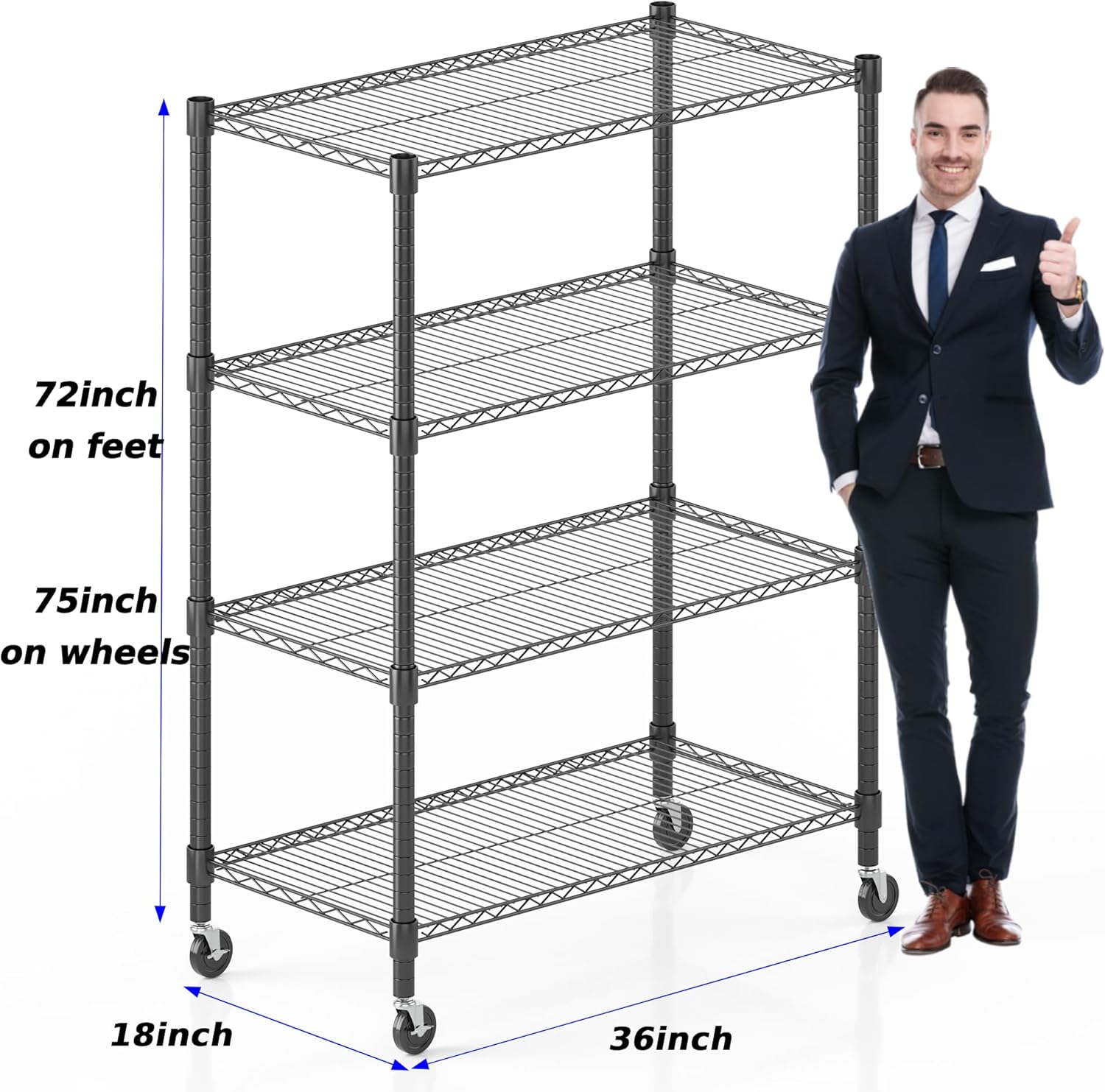 Homdox Heavy Duty Metal Shelves for Storage, 4 Tier Storage Racks and Shelving, Commercial Adjustable Wire Shelving Unit on Wheels, Garage Rack Pantry Shelves Kitchen Shelving, 18'x36'x72', Black