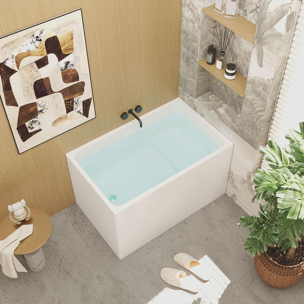 43' Acrylic Freestanding Bathtub with seat: rectangle Shape, Gloss White, Chrome Overflow Pop Up Drain