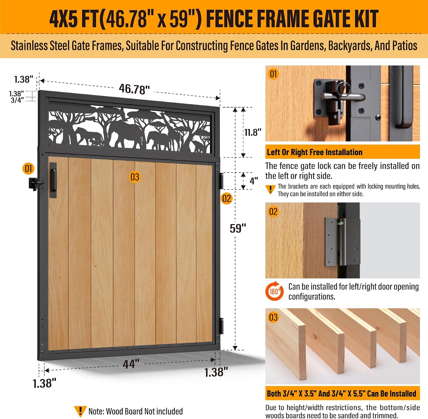 4x5FT Fence Gate Frame Kit 201 Stainless Steel Anti-Sag Heavy Duty Garden Gate Reinforcement Hardware, Left/Right Mount (No Panels Included)(46.78'W x 59.0'H)