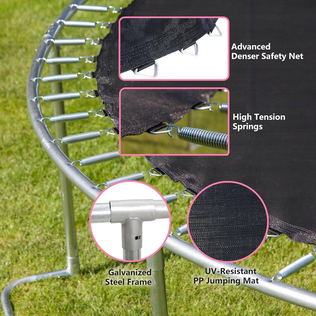 1500LBS 16FT 15FT 14FT 12 FT 10FT 8FT Tranpoline for Kids and Adults with Sprinkler, Lights with Music Speaker, Socks, Water Ball, Heavy Duty Outdoor Tranpoline with Net Enclosure and Ladder