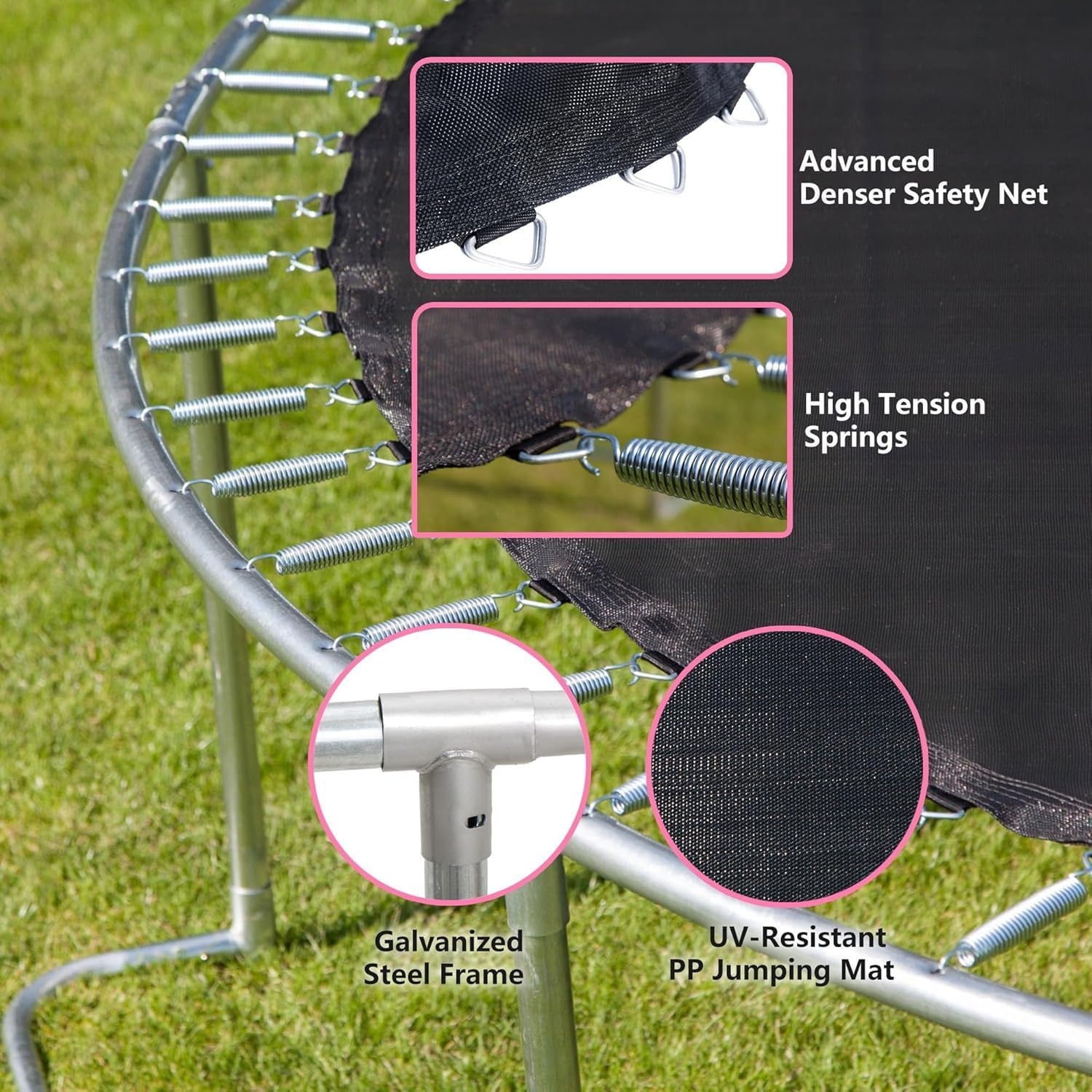 1500LBS 16FT 15FT 14FT 12 FT 10FT 8FT Tranpoline for Kids and Adults with Sprinkler, Lights with Music Speaker, Socks, Water Ball, Heavy Duty Outdoor Tranpoline with Net Enclosure and Ladder