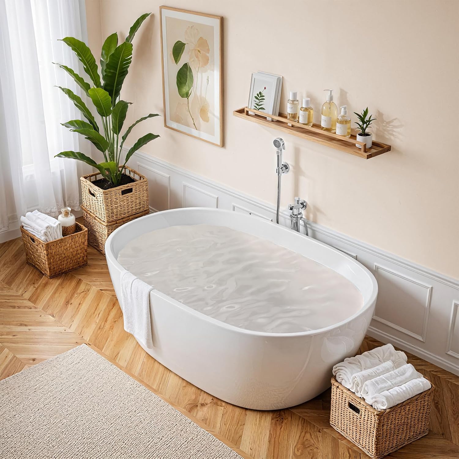 47 * 28 * 24 Inch Acrylic Freestanding Bathtub, Modern Soaking Bright White Bathtub, Equipped With Bright Silver Overflow And Bouncing Water Outlet