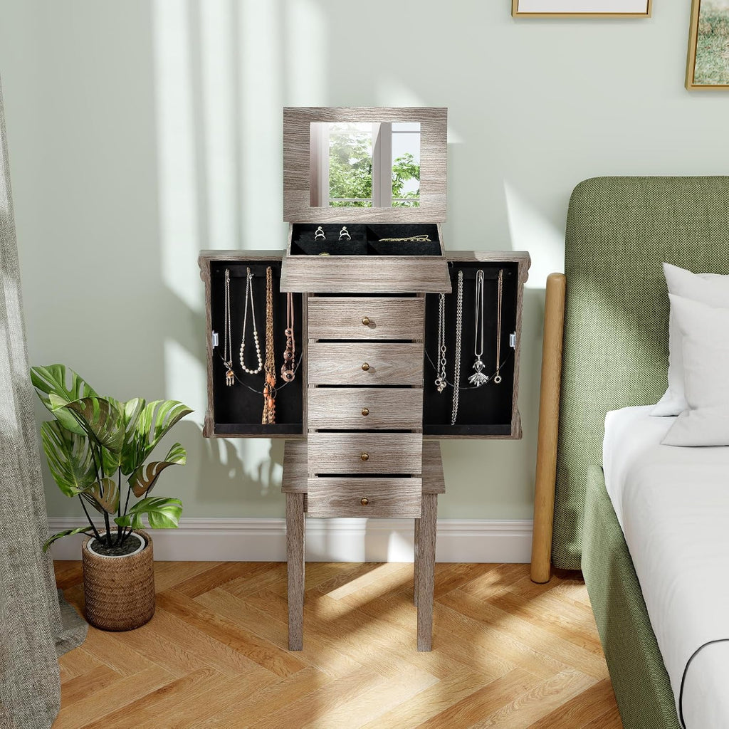 Giantex Jewelry Cabinet Armoire with Flip Top Mirror, 5 Drawers & Swing Doors, Space-Saving Jewelry Organizer for Necklaces, Rings, Bracelets, Watches, Velvet Lined, Light Gray Oak