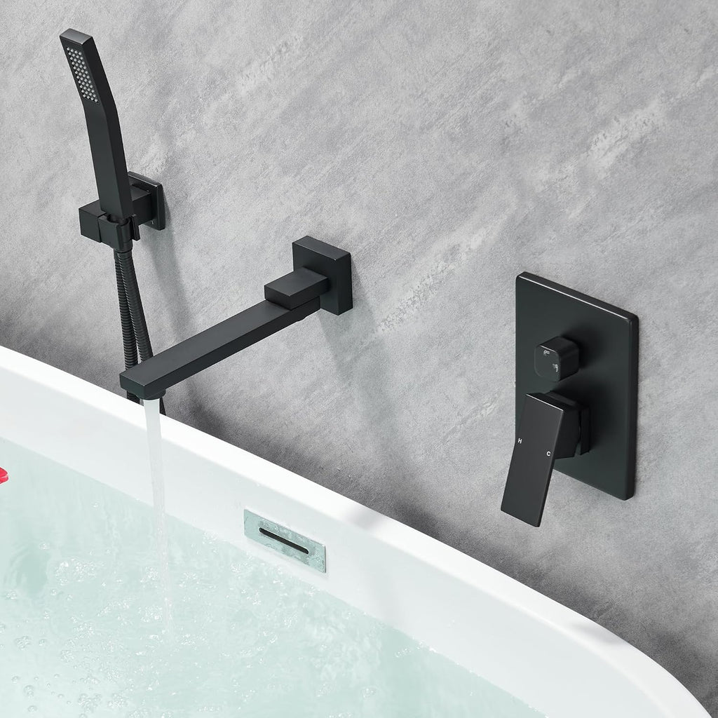 DASAN Swiveling Wall Mount Tub Filler Faucet Set with Hand Held Shower, Matte Black Modern Creative Bathtub Faucet Wall Mounted Bath Tub Faucet with High Flow Rough in Valve, SA-TF05WH-MB