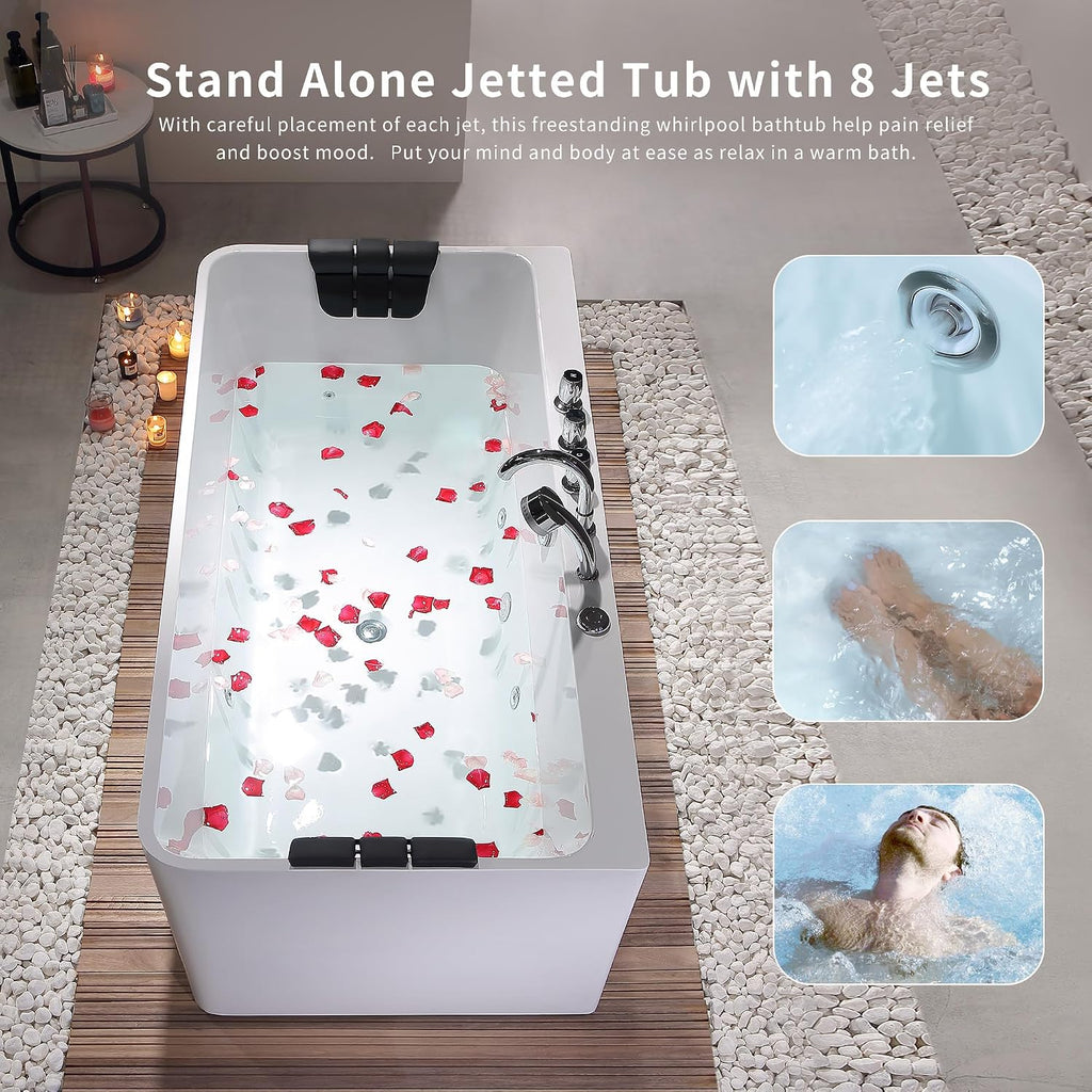 Empava 67 inch Whirlpool Bathtub, Acrylic Freestanding Tub Hydromassage Gracefully Rectangle Shaped Whirlpool 8 Water Jets Soaking SPA, Double-Ended Massage Bathtub with Black Pillows, White