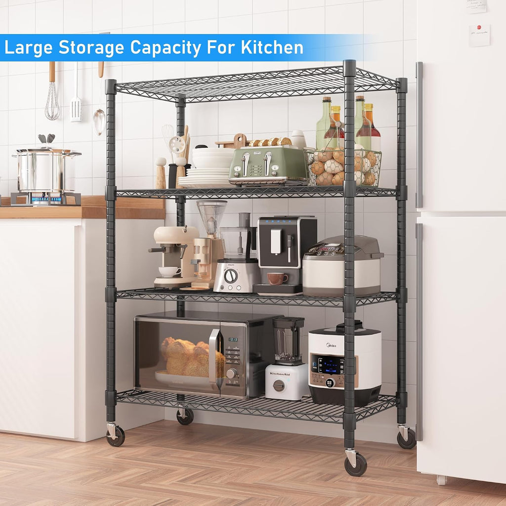 Homdox Heavy Duty Metal Shelves for Storage, 4 Tier Storage Racks and Shelving, Commercial Adjustable Wire Shelving Unit on Wheels, Garage Rack Pantry Shelves Kitchen Shelving, 18'x36'x72', Black