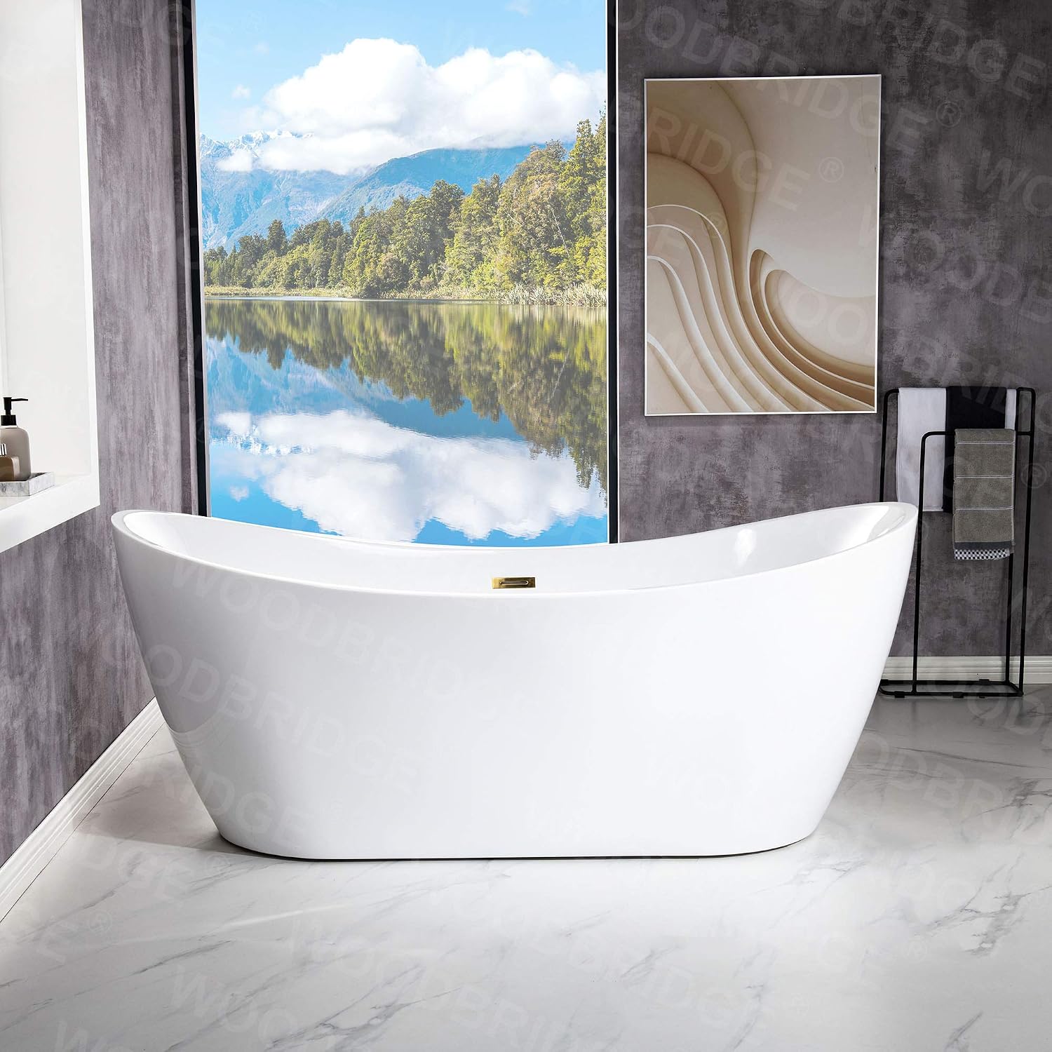 WOODBRIDGE 71' Acrylic Freestanding Bathtub Contemporary Soaking Tub, White Acrylic (Brushed Gold Drain/Overflow),B0017 BG Drain &O