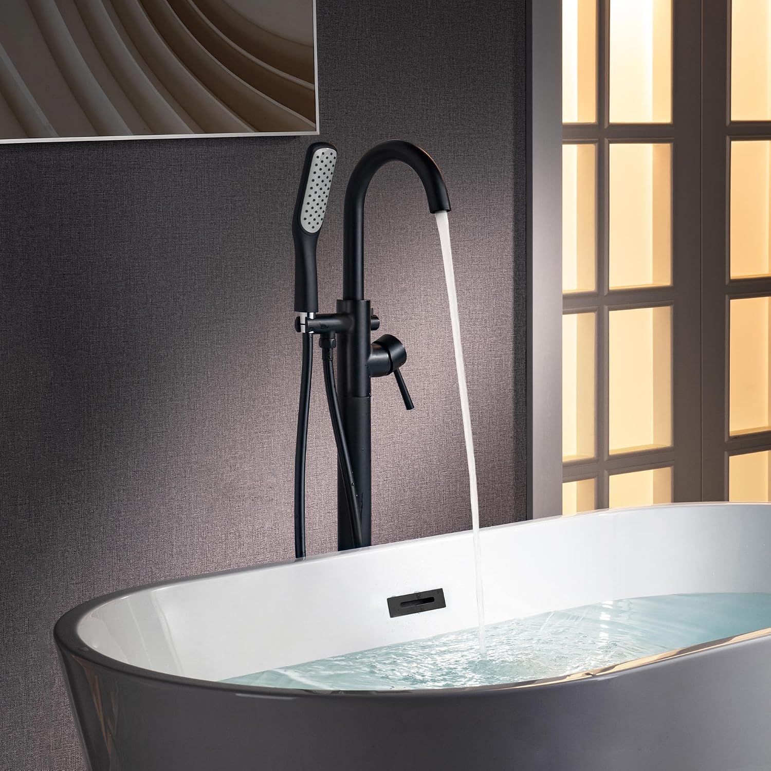 WOODBRIDGE High Flow Rate 8 GPM Freestanding Tub Filler Faucet with Hand Shower, Matte Black,F0025MBSQ