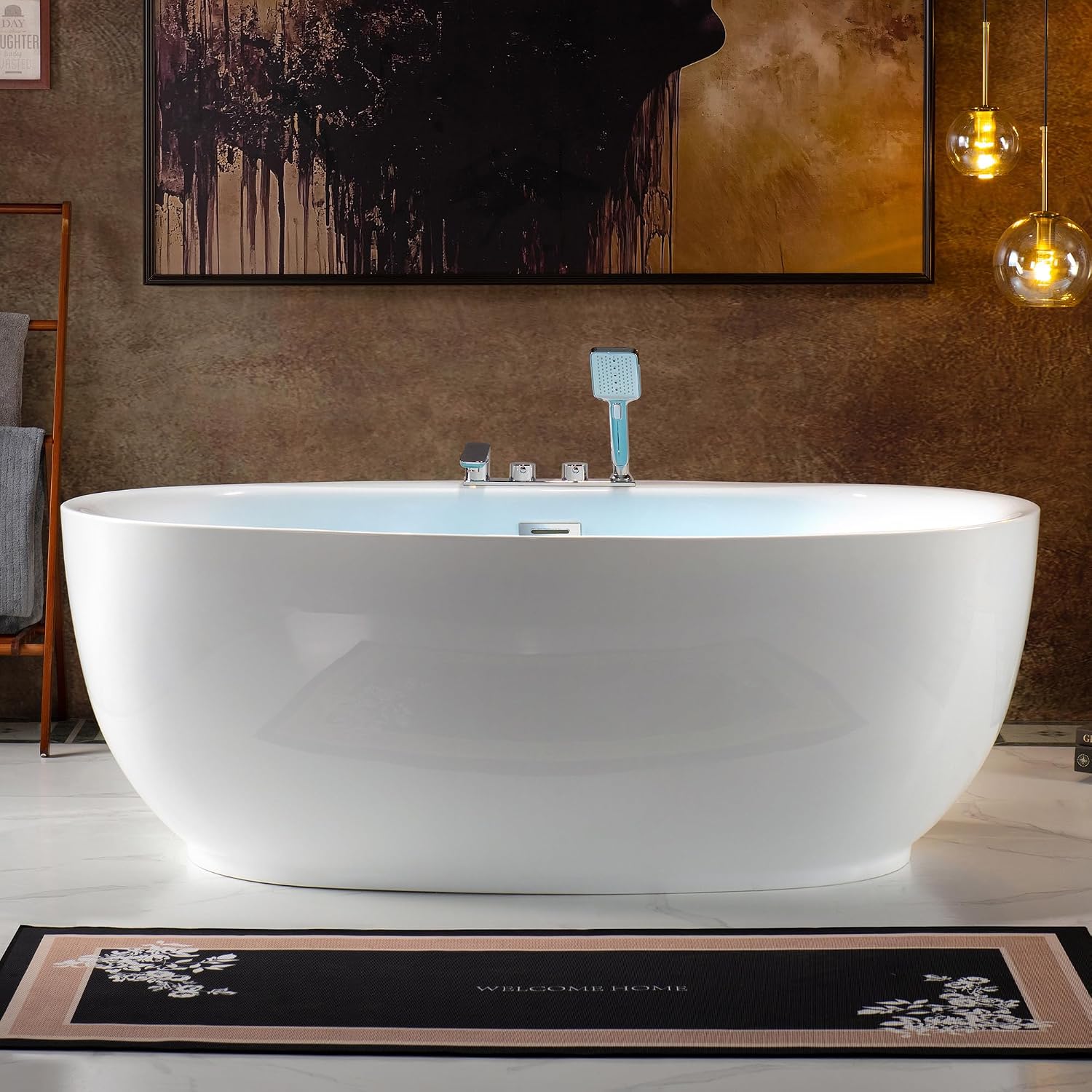 WOODBRIDGE 66' Acrylic Freestanding Bathtub Contemporary Soaking White Tub with Brushed Nickel Overflow & Drain and Faucet,B0027-BN