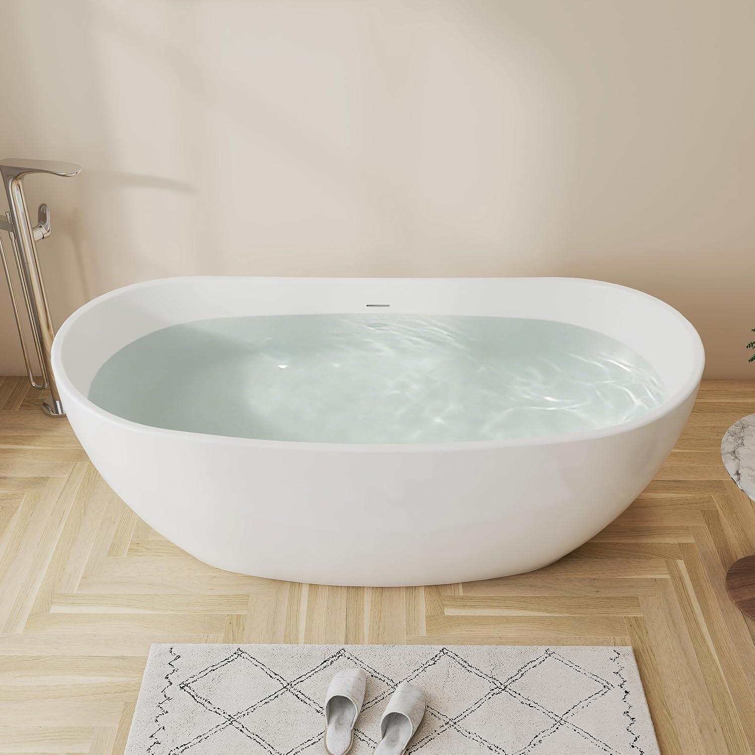 65'' Freestanding White Acrylic Bathtub, Oval Soaking Tub