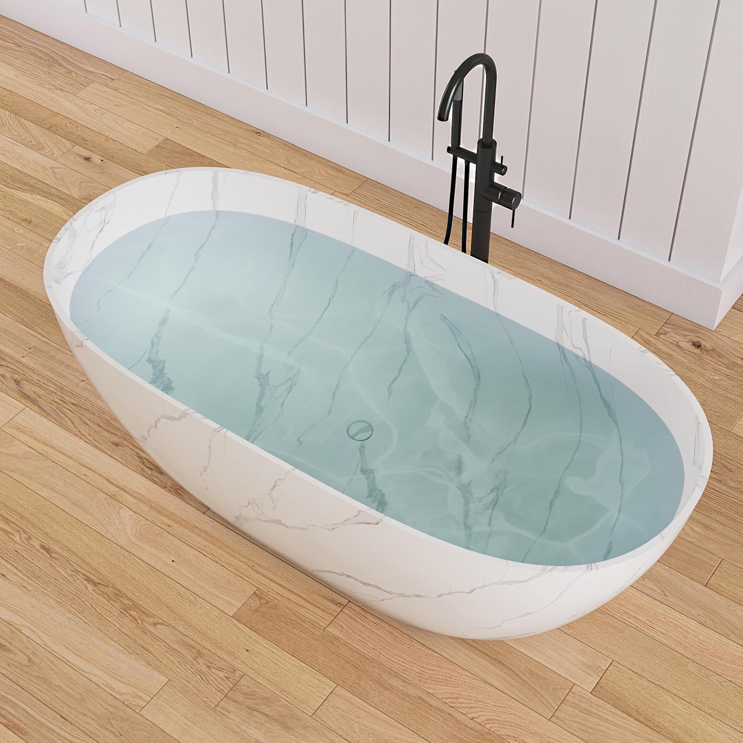 63 '' Stone Resin Freestanding Bathtub, Elegant Oval Shape Soaking Tub, Solid Surface Stand Alone Bathtub with Drain & Without overflow outlet Terrazzo Beige