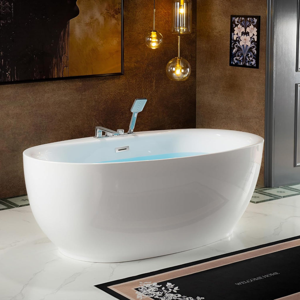 WOODBRIDGE 66' Acrylic Freestanding Bathtub Contemporary Soaking White Tub with Brushed Nickel Overflow & Drain and Faucet,B0027-BN