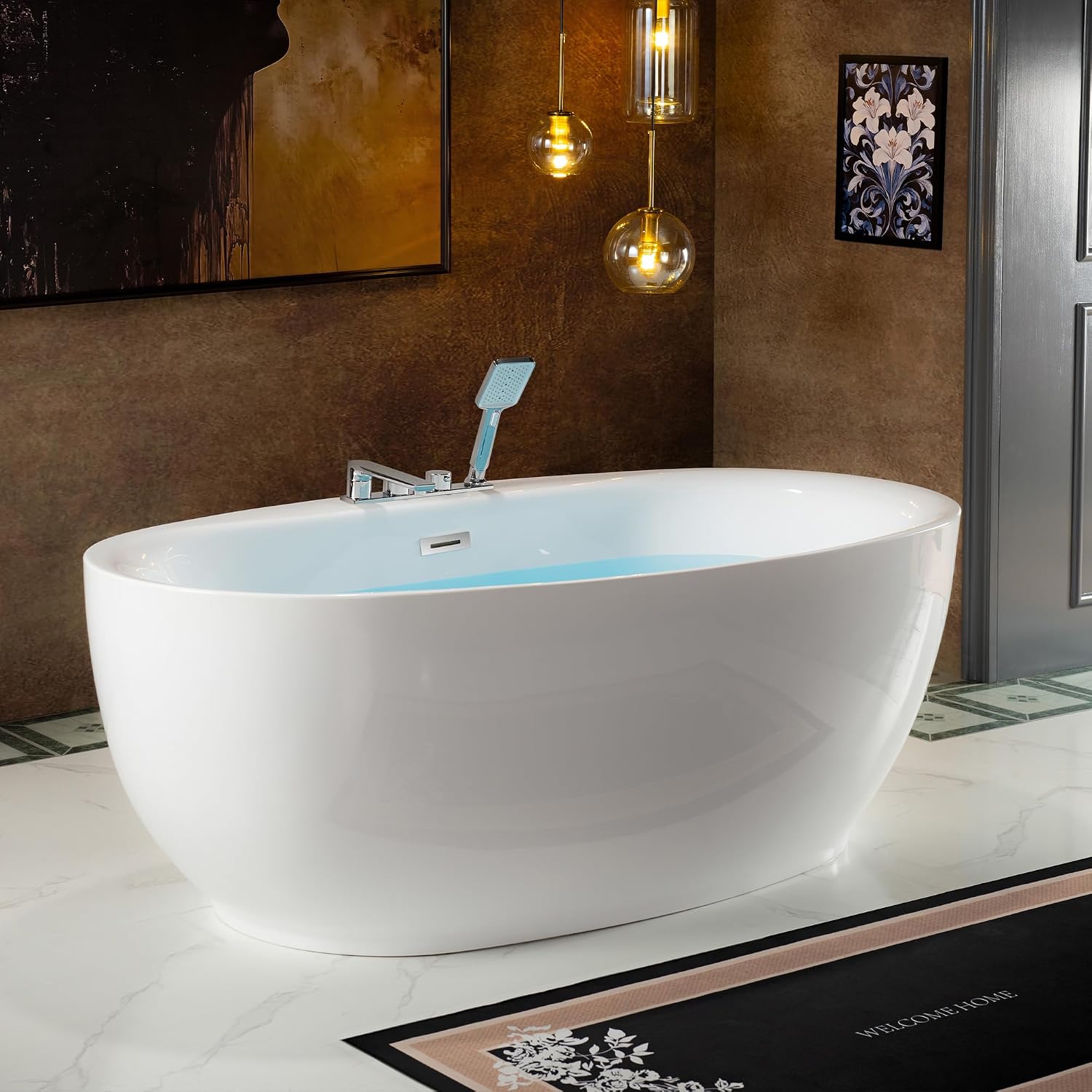 WOODBRIDGE 66' Acrylic Freestanding Bathtub Contemporary Soaking White Tub with Brushed Nickel Overflow & Drain and Faucet,B0027-BN