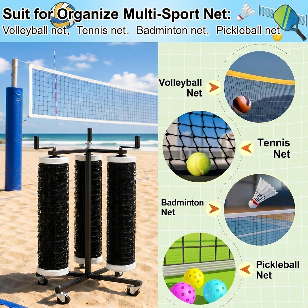 Duraaamo Volleyball Net Storage Rack for 3 Standard Nets, Movable Net Holder with Wheels, Multi-sport Equipment Organizer for Volleyball Badminton Tennis, Untangled Design Vertical Rack for School Gym