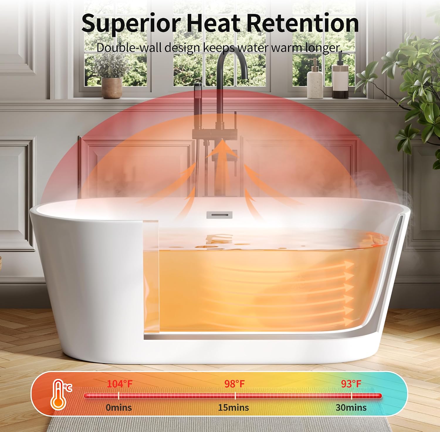 DeerValley 59' Acrylic Free Standing Tub, White Stand Alone Tub, Deep Soaking Tub with Center Drain & Integrated Overflow, Freestanding Bathtub with Ergonomic Design, DV-1T131S