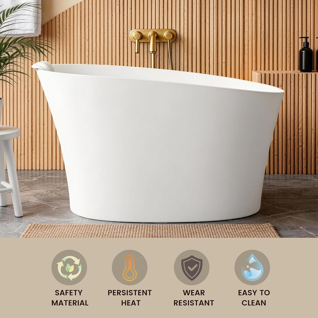 51'Freestanding Thermostatic Bathtub, Solid Surface Japanese Soaking Tub with Integrated Seat Cushion and Headrest, Includes Overflow and Drain Assembly, Oval White (White-51')