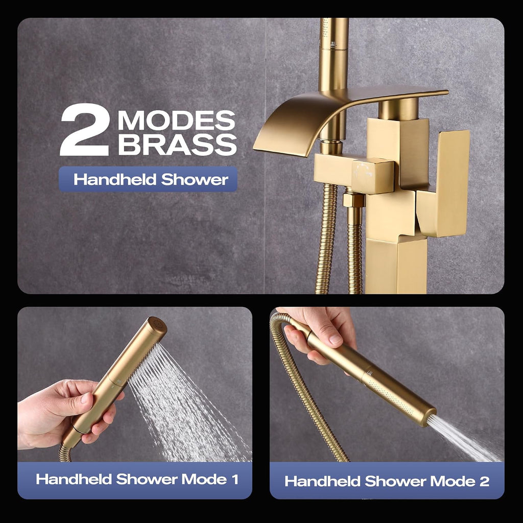 Waterfall Freestanding Bathtub Faucet, Floor Mount Bathroom Tub Filler Shower Faucets with Handheld Sprayer, Brushed Gold