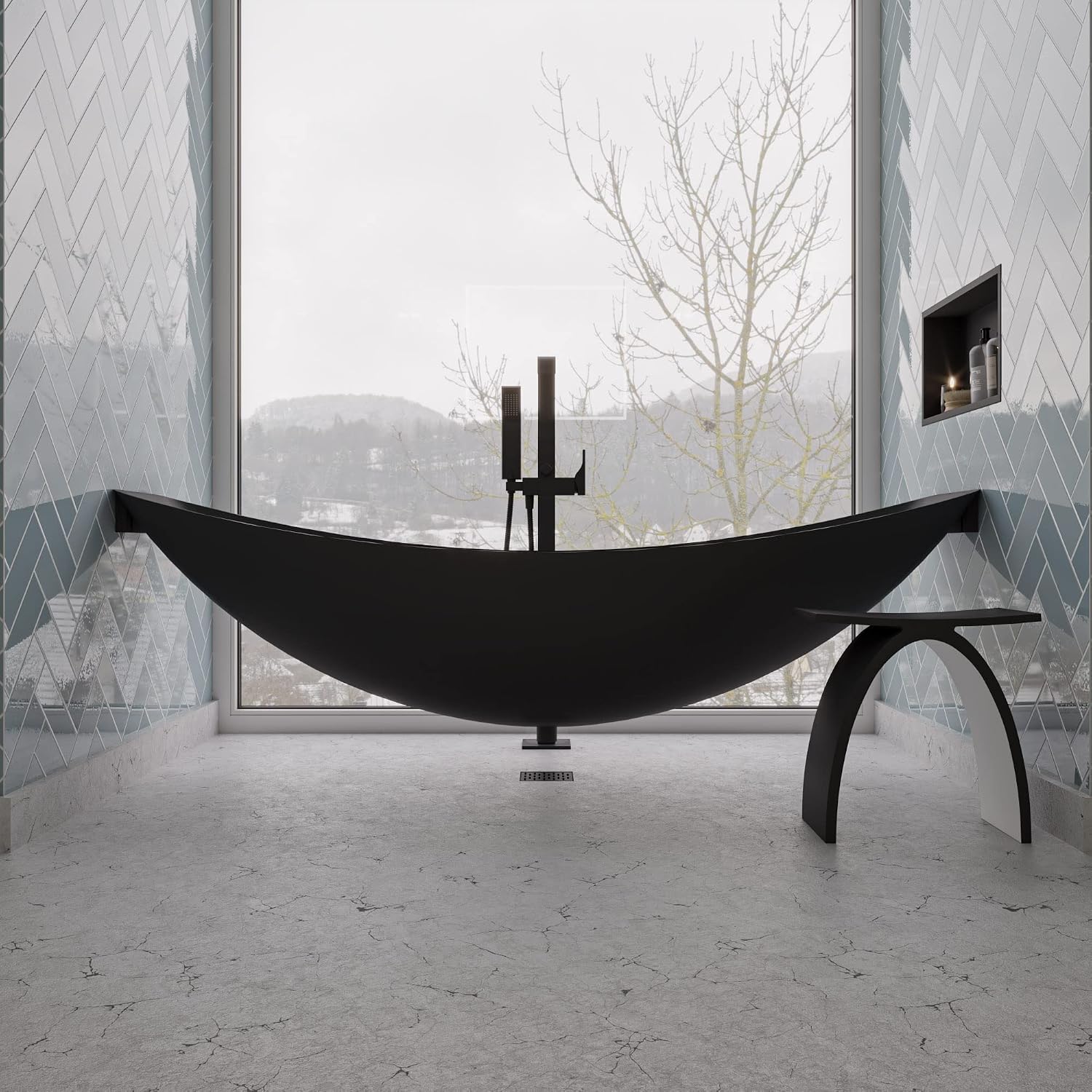 ALFI brand HammockTub1-BM Black Matte 79' Acrylic Suspended Wall Mounted Hammock Bathtub
