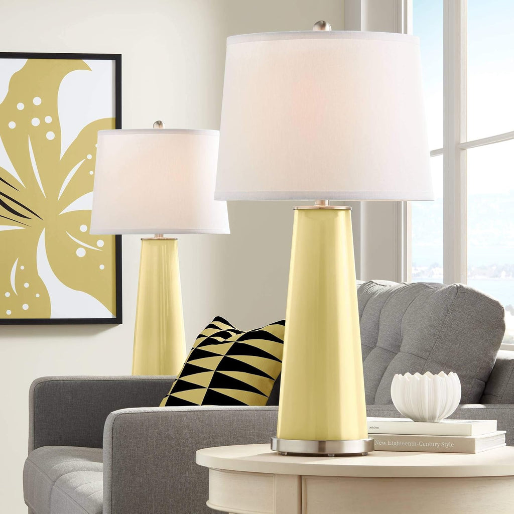 Color + Plus Leo 29 1/2' Tall Cylinder Modern End Table Lamps Set of 2 Butter Up Yellow Brushed Nickel Finish Glass Fabric White Shade Living Room Bedroom Bedside Nightstand House Office Home