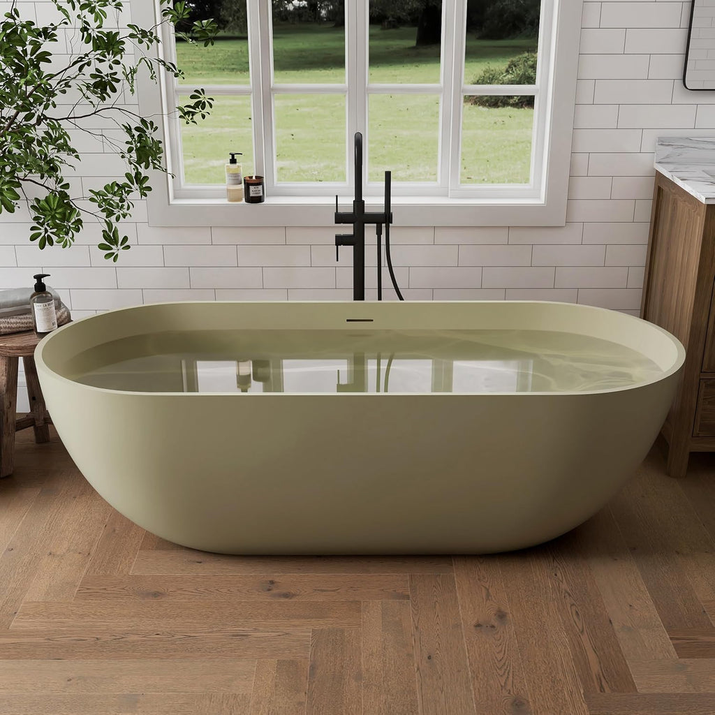 69' Freestanding Solid Surface Bathtub, Matte Olive Green | Resin Stone, Modern Design Stand Alone Tub with Drain, Colorful Free Stand Tub