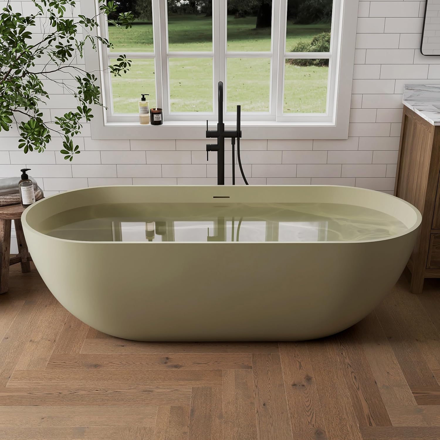 69' Freestanding Solid Surface Bathtub, Matte Olive Green | Resin Stone, Modern Design Stand Alone Tub with Drain, Colorful Free Stand Tub