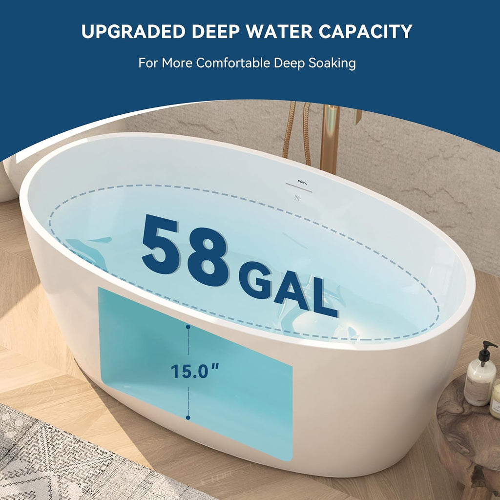 FerdY 55' Acrylic Freestanding Bathtub, Contemporary Soaking tub with cUPC Certified, Elegant Oval Shape, Brushed Gold Drain, Tahiti