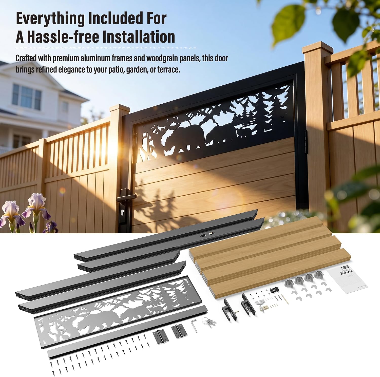 4x5 FT Aluminum Fence Gate Kit Wood Grain Aluminum Gate with Decorative Cutout, Lock & Hinges, Left/Right Opening, Weather Resistant for Yard Garden Patio