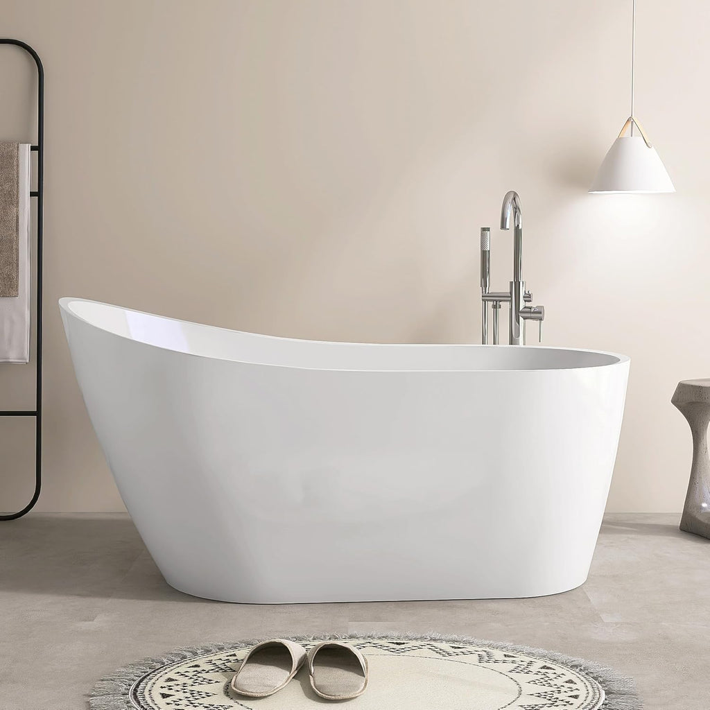 SJ STAR&JANE 59' Acrylic Freestanding Bathtub, Modern Acrylic Soaking Bathtub,Stand Alone Tub with Drain and Overflow, cUPC Certified, White