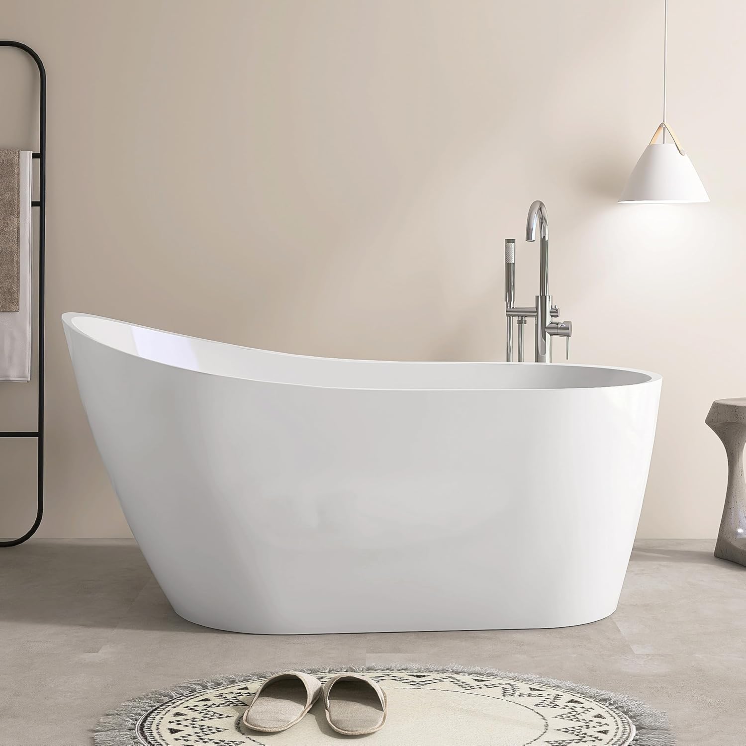 SJ STAR&JANE 59' Acrylic Freestanding Bathtub, Modern Acrylic Soaking Bathtub,Stand Alone Tub with Drain and Overflow, cUPC Certified, White