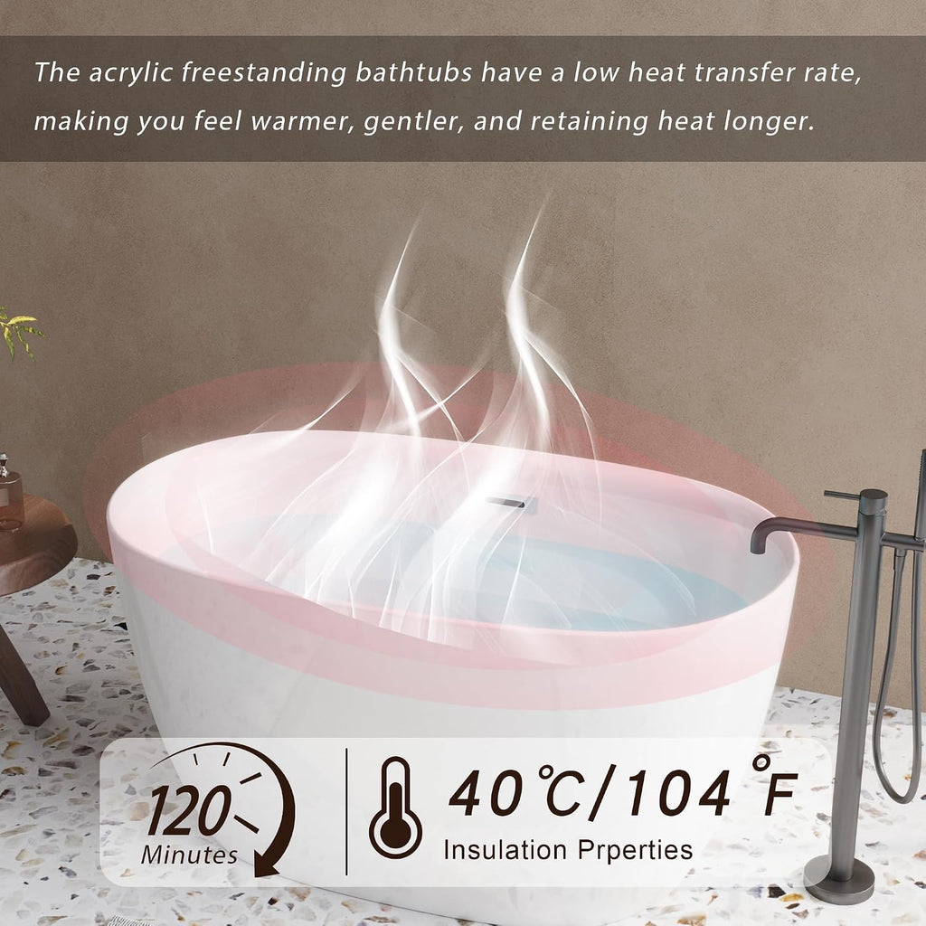 47' Acrylic Freestanding Bathtubs, Oval Shaped Soaking Tub, Stand Alone Tubs with Pop-UP Chrome Drain for Small Bathroom, Slotted Overflow, cUPC Certified -Gloss White