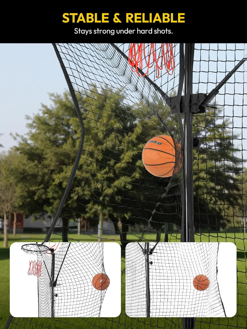 A11N SPORTS Basketball Rebounder Net Yard Guard – 10x8 FT Outdoor Basketball Net Catcher Backstop for Round & Square Poles, Pole-Wrap Storage
