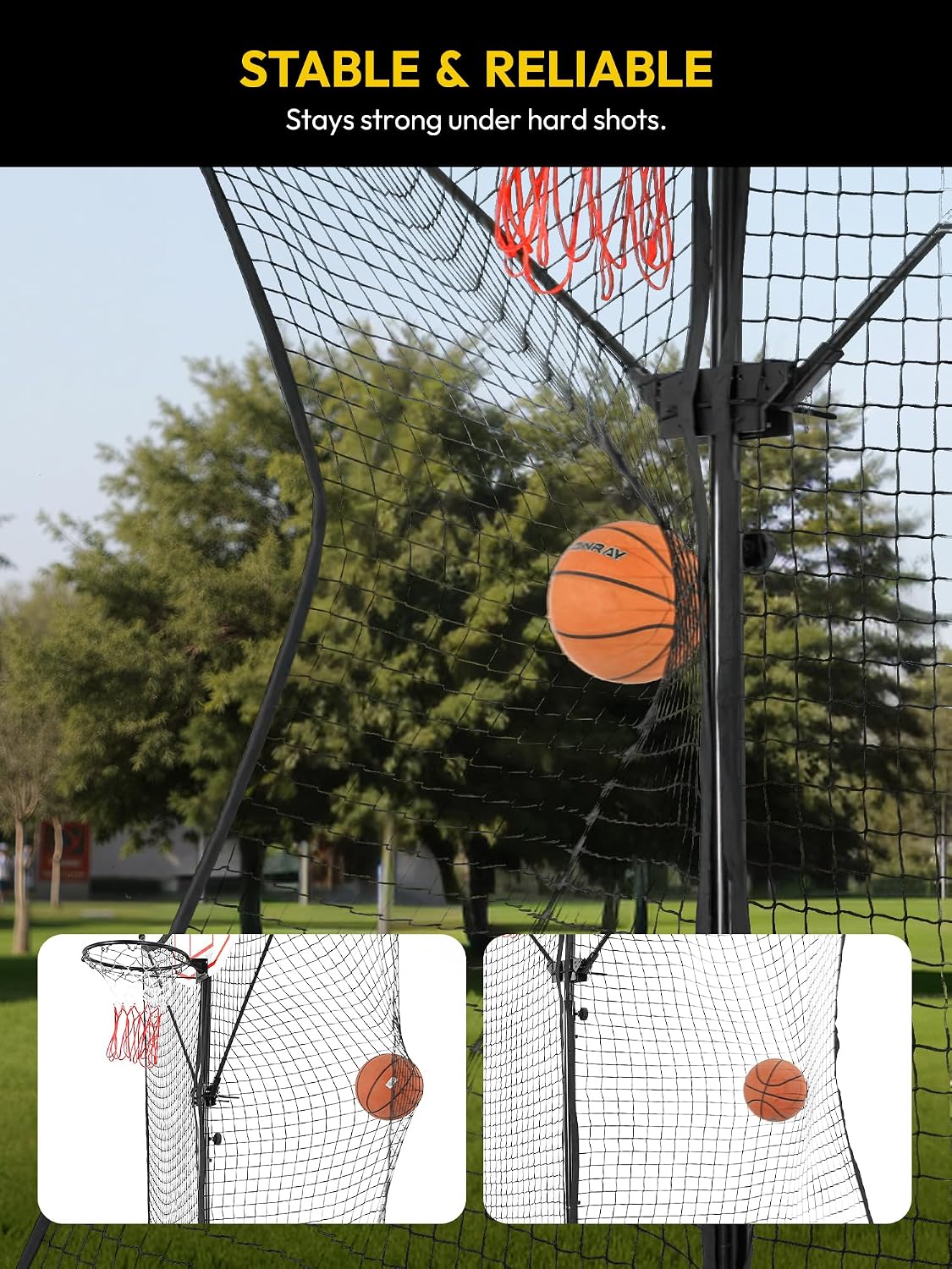 A11N SPORTS Basketball Rebounder Net Yard Guard – 10x8 FT Outdoor Basketball Net Catcher Backstop for Round & Square Poles, Pole-Wrap Storage