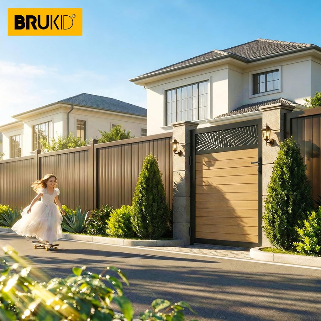4x5 FT Aluminum Fence Gate Kit Wood Grain Aluminum Gate with Decorative Cutout, Lock & Hinges, Left/Right Opening, Weather Resistant for Yard Garden Patio