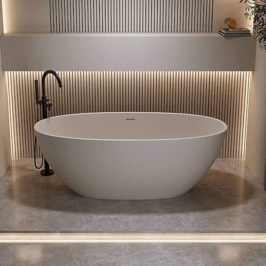 KEIKI 63'' Freestanding Bathtub, Resin Stone Soaking Bathtub with Solid Surface, Modern Tubs with Overflow and Pop-up Drain