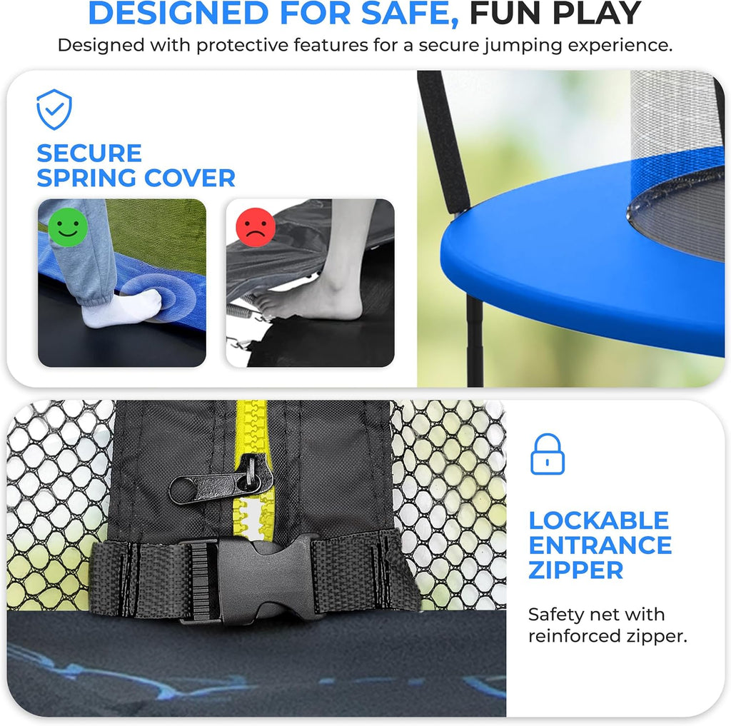 SereneLife 8FT 10FT 12FT 14FT Outdoor Trampoline for Kids - Recreational Backyard Trampoline with Curved Safety Poles and Net Enclosure- ASTM Approval for Kids Adults