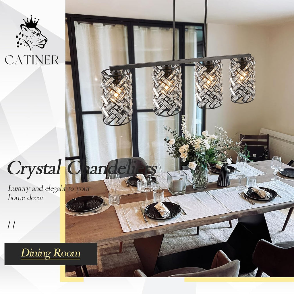 CATINER 40' Crystal Kitchen Island Lighting 4 Lights Modern Black Linear Chandelier Dining Room Light Fixture Over Table Luxury Ceiling Pendant Light Fixture
