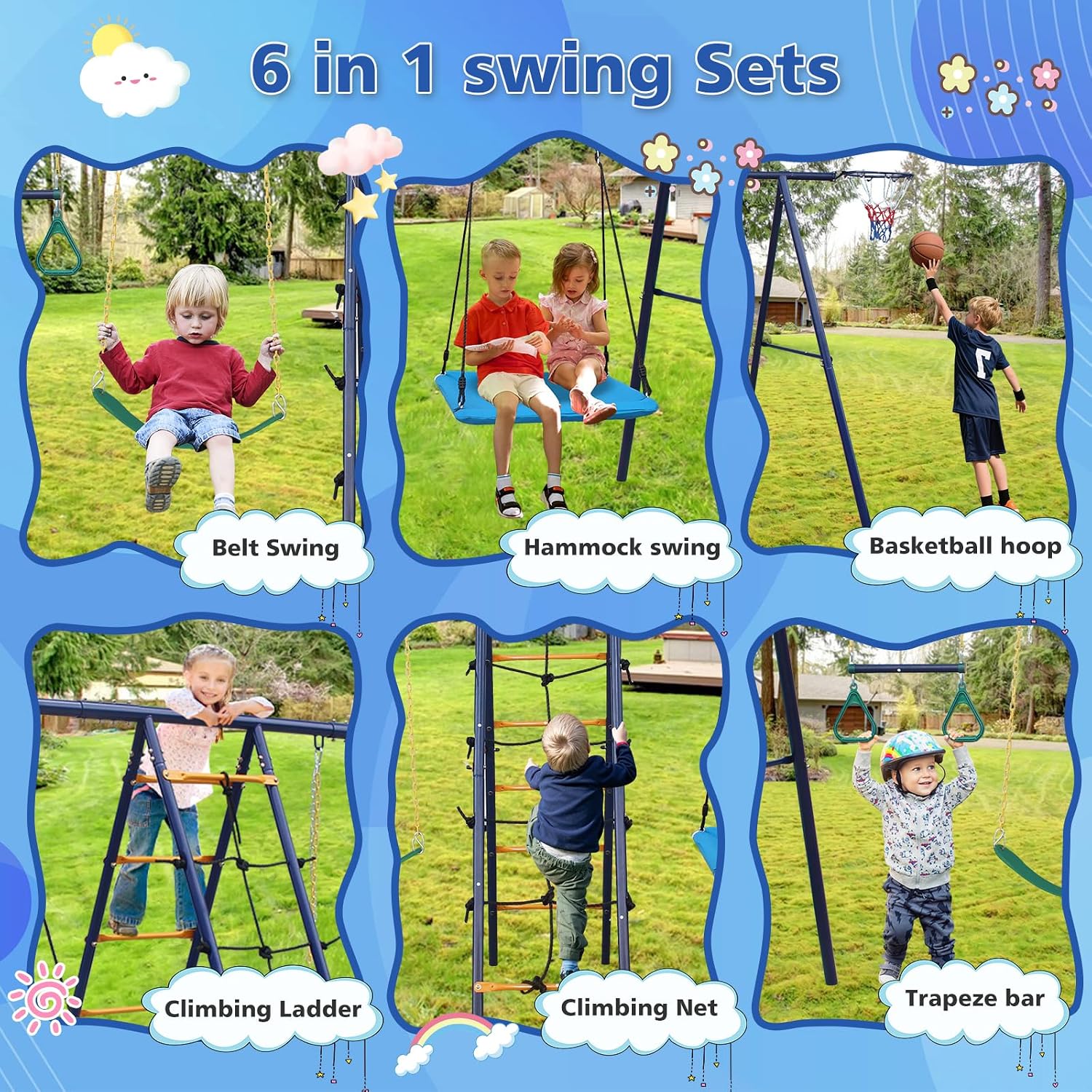 6 in 1 Backyard Swing Set, Heavy Metal A-Frame, Trapeze bar, Climbing net and Ladder, Basketball Hoop, Children's Outdoor Playground Swing Cover