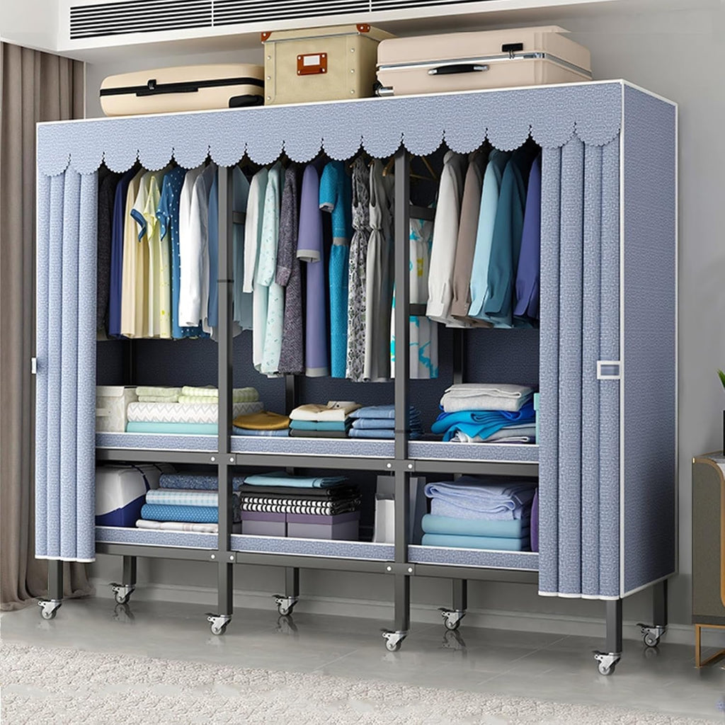 Rolling Foldable Garment Rack With Cover And Wheels - Large Capacity Wardrobe Rack, 1500 Lbs Heavy-Duty Portable Wardrobe Freestanding Clothes Organizer System For Bedroom Living Room Office(Size:190*