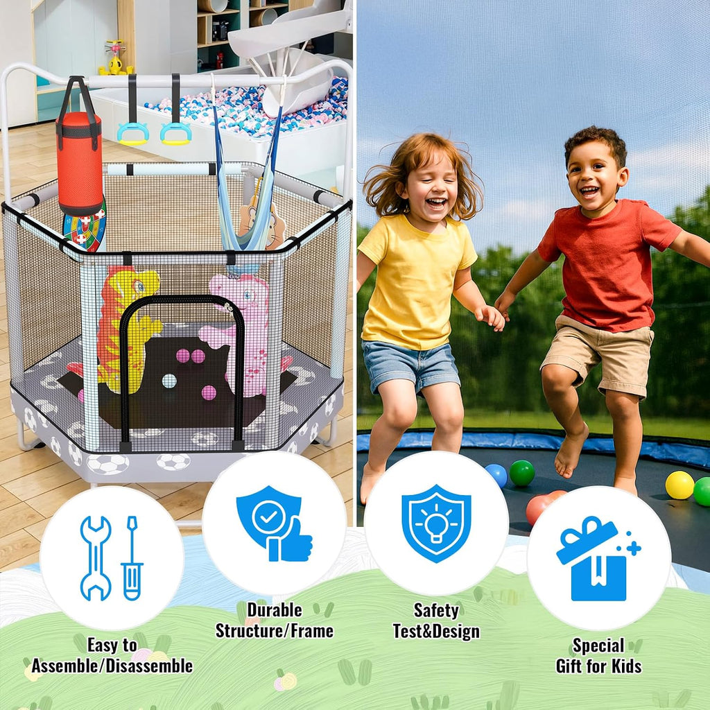 LAMERGE 55' 7-in-1 Round Trampoline for Kids Boys & Girls Ages 1-8, Indoor & Outdoor Trampoline for Fun, Adjustable Height Handrail ＆ Enclosed Safety Net ＆ Durable Designs for Toddlers Children