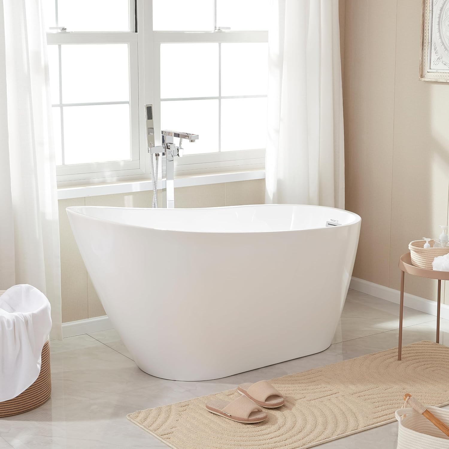 HomeBeyond 55 Inch Free Standing Bathtub | Acrylic Freestanding Soaking Tub, Modern Bathroom Stand Alone Tub Suitable for Single Person Bathing
