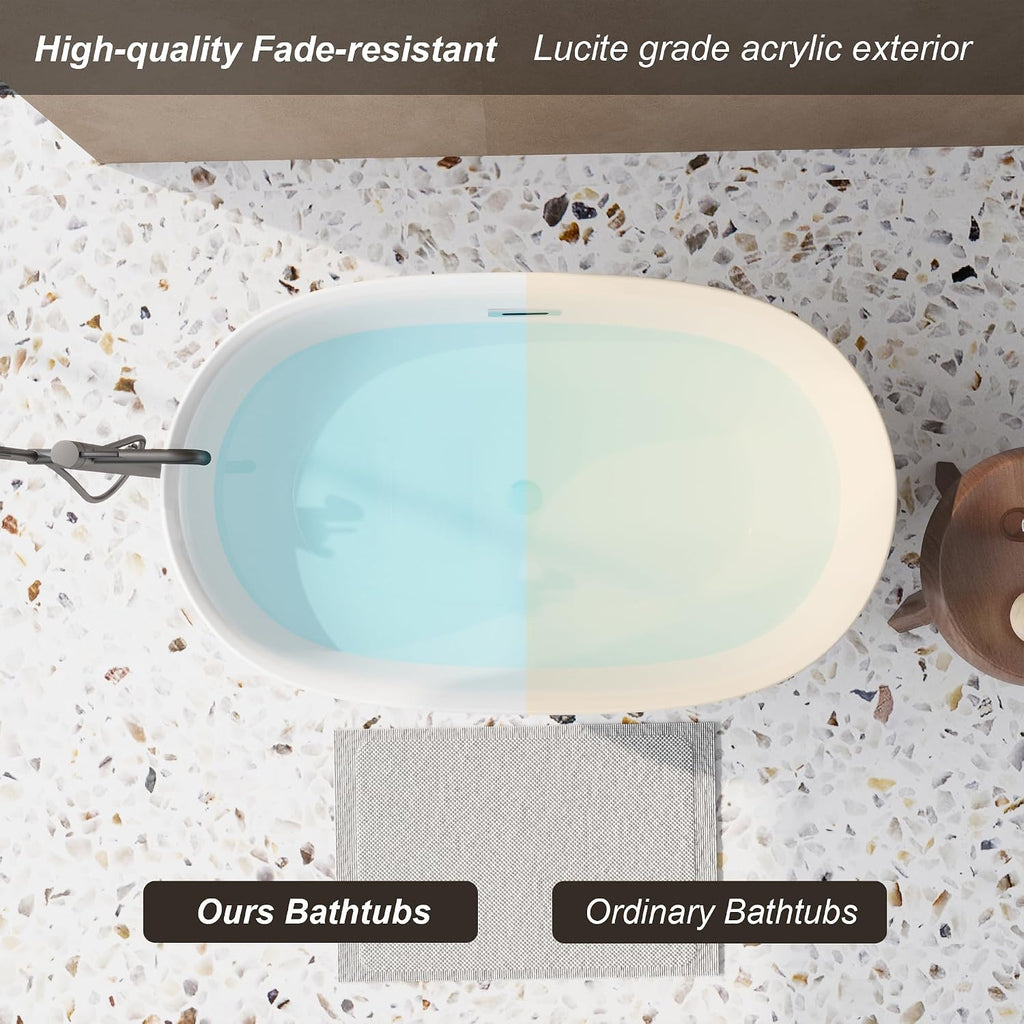 47' Freestanding Bathtub, Oval Soaking Tub with Chrome Overflow & Pop-Up Drain, CUPC Certified, Double-Walled Insulation, Modern Freestanding Tub for Bathroom