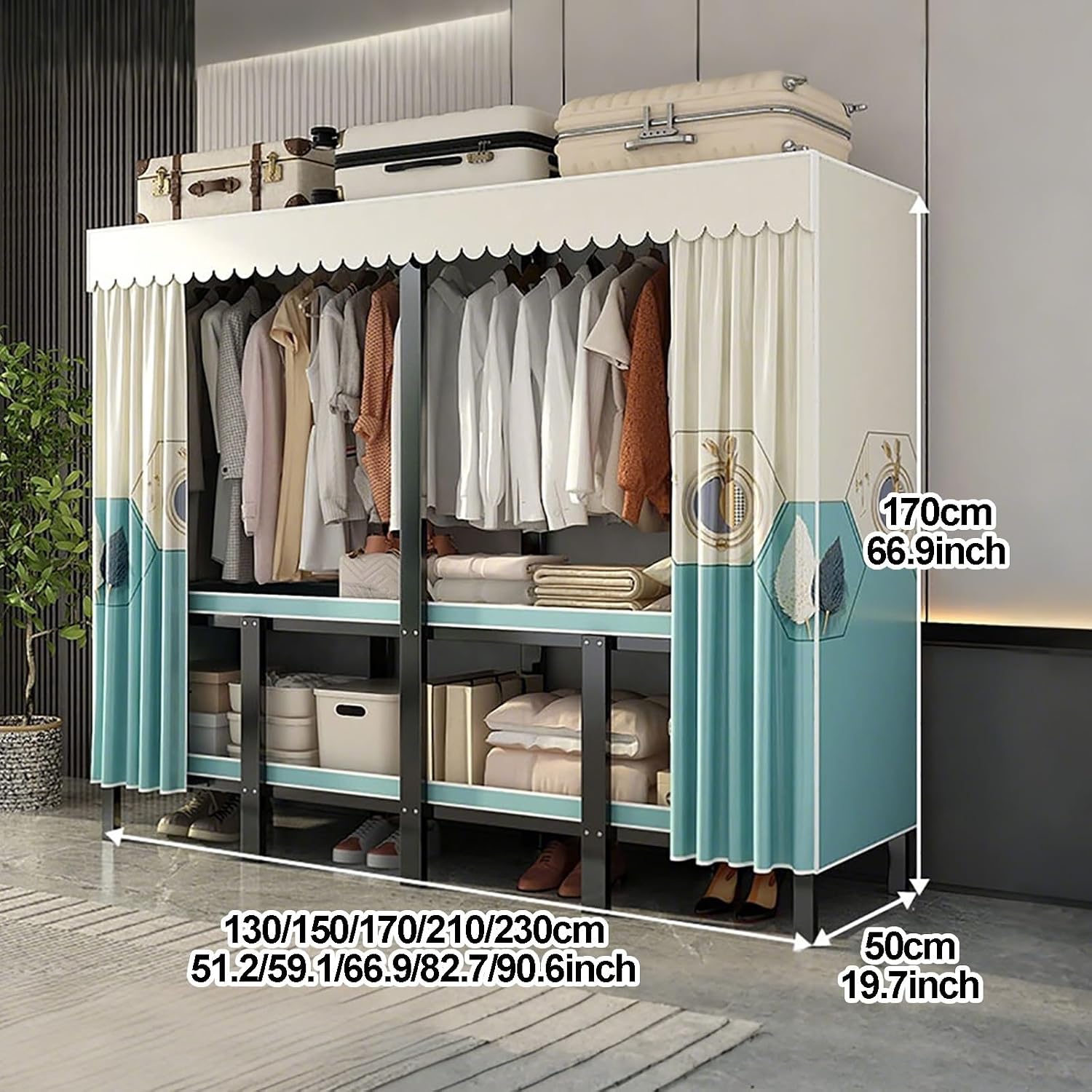 Heavy Duty Foldable Portable Wardrobe Closet With Cover, Portable Closet For Bedroom, Metal Garment Rack Closet, Enclosed Curtain For Hanging Clothes(Green,66.9inch)